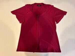 Liz McCoy Sheer Tie Front Blouse Womens Large Red Stretch Short Sleeve Top